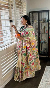 Off - White Kantha Stitch Pure Tussar Bangalore Silk Saree - Festive - Saree - Aakritee - S10667